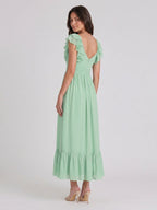 Mint Green Chiffon A-Line V-Neck V-Back Ankle-Length Bridesmaid Dress with Ruffles - Curvevia