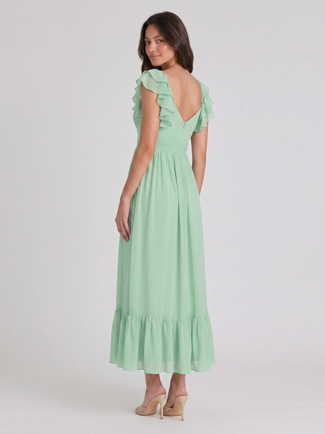Mint Green Chiffon A-Line V-Neck V-Back Ankle-Length Bridesmaid Dress with Ruffles - Curvevia