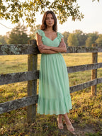 Mint Green Chiffon A-Line V-Neck V-Back Ankle-Length Bridesmaid Dress with Ruffles - Curvevia