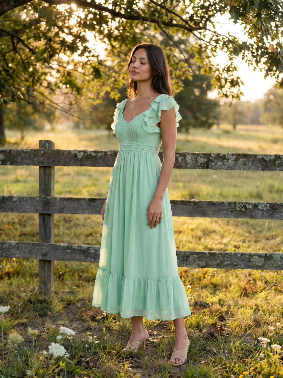 Mint Green Chiffon A-Line V-Neck V-Back Ankle-Length Bridesmaid Dress with Ruffles - Curvevia