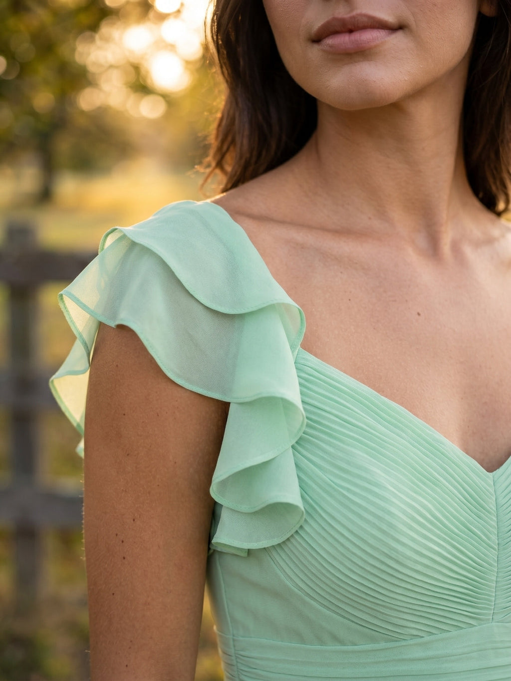 Mint Green Chiffon A-Line V-Neck V-Back Ankle-Length Bridesmaid Dress with Ruffles - Curvevia