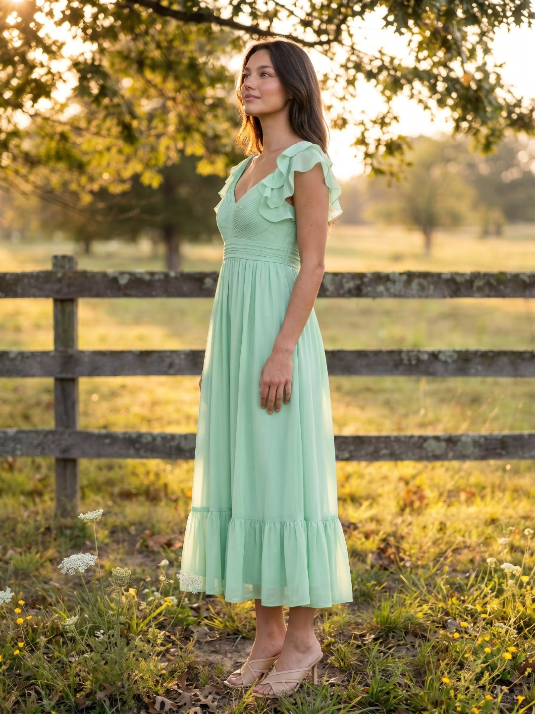Mint Green Chiffon A-Line V-Neck V-Back Ankle-Length Bridesmaid Dress with Ruffles - Curvevia