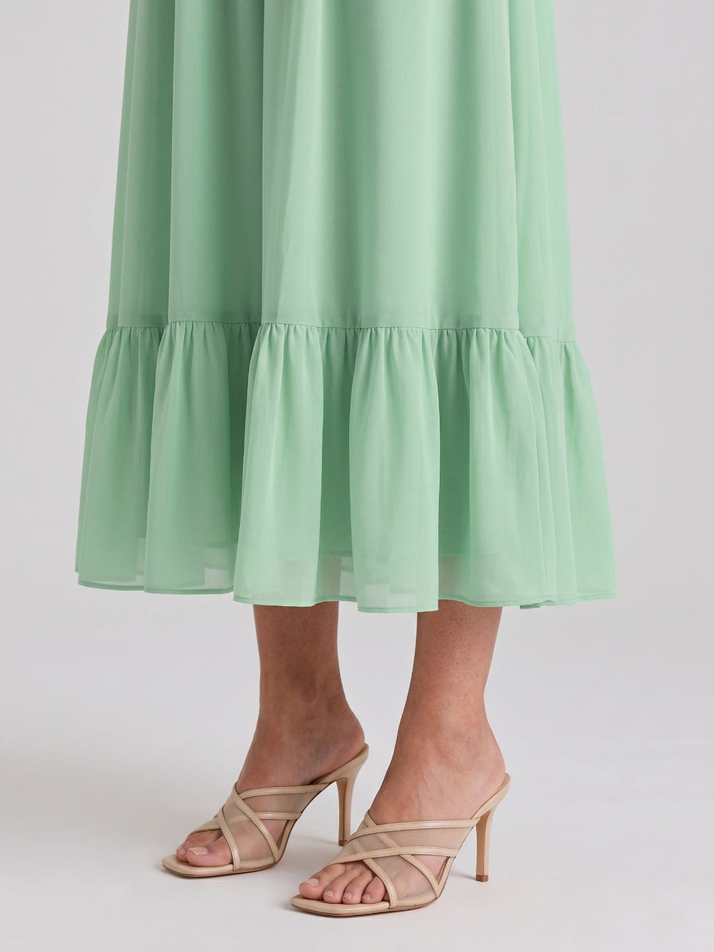 Mint Green Chiffon A-Line V-Neck V-Back Ankle-Length Bridesmaid Dress with Ruffles - Curvevia
