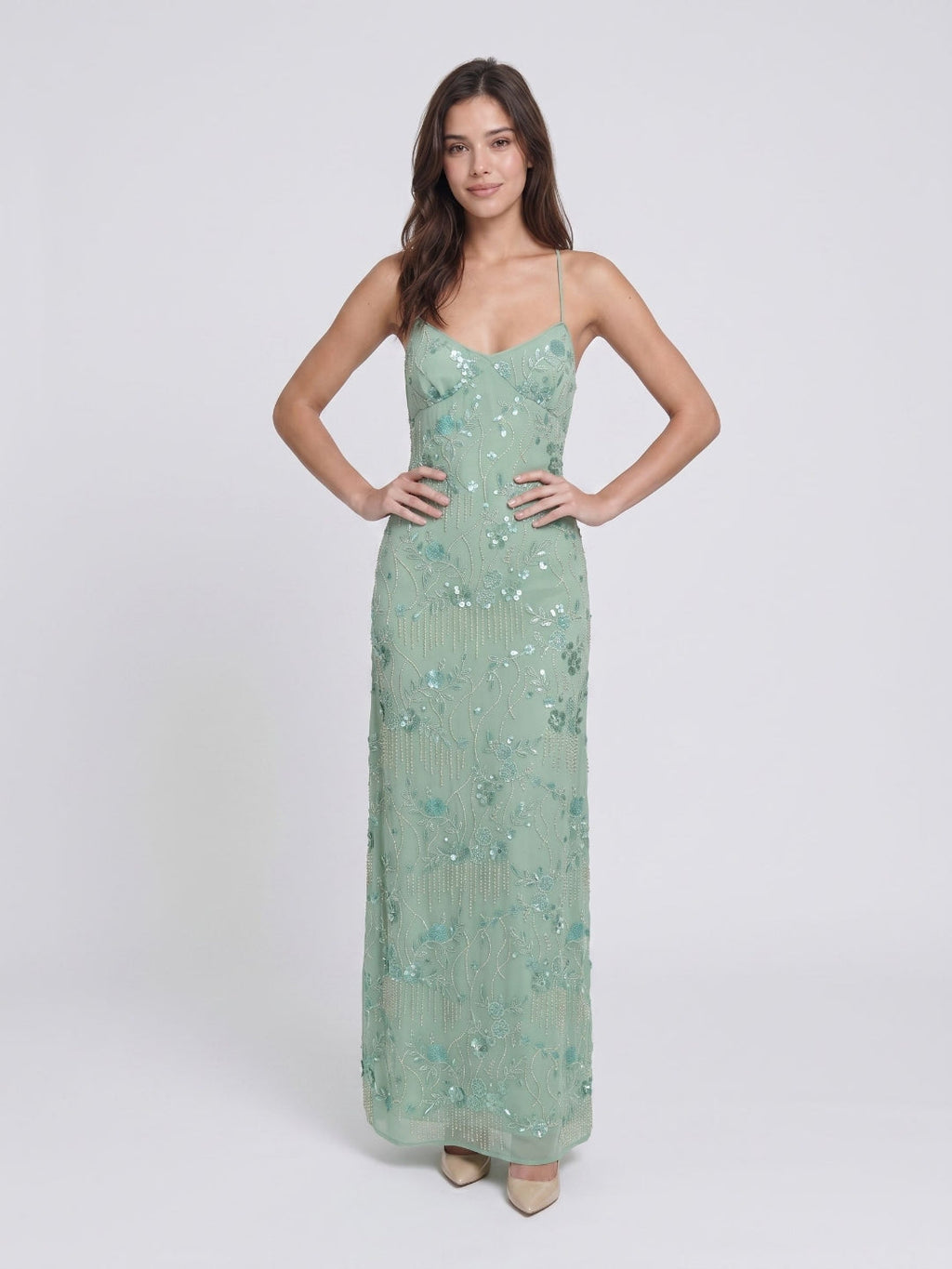 Mint Green Chiffon Column V-Neck Criss-Cross Straps Floor-Length Formal Dress with Beading - Curvevia