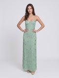 Mint Green Chiffon Column V-Neck Criss-Cross Straps Floor-Length Formal Dress with Beading - Curvevia