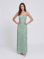 Mint Green Chiffon Column V-Neck Criss-Cross Straps Floor-Length Formal Dress with Beading - Curvevia