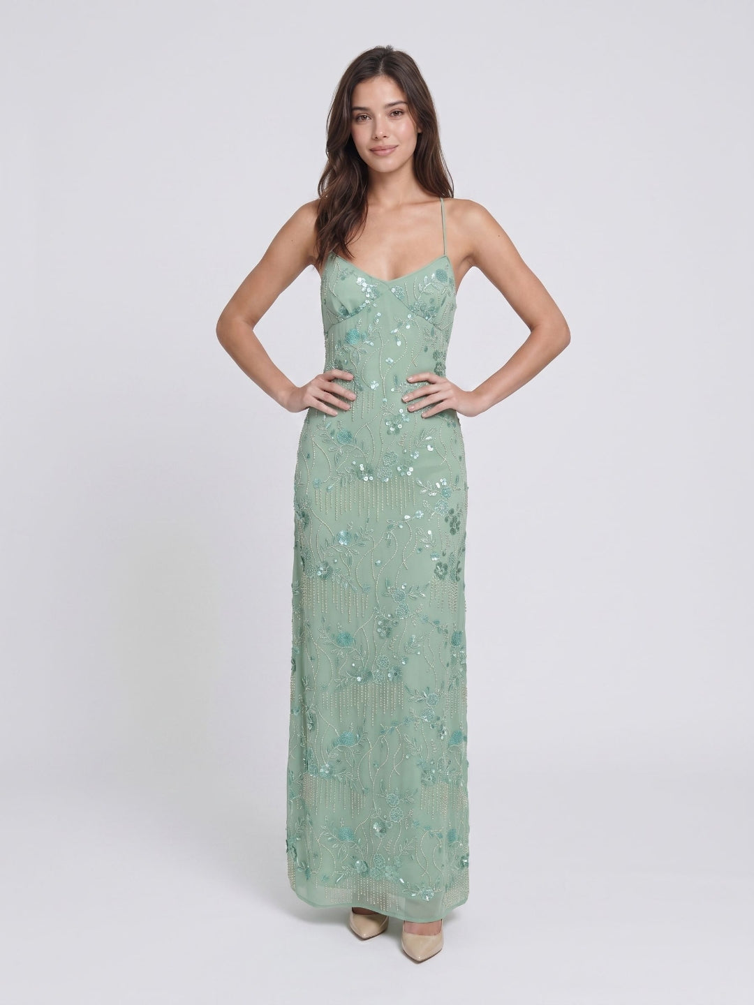 Mint Green Chiffon Column V-Neck Criss-Cross Straps Floor-Length Formal Dress with Beading - Curvevia