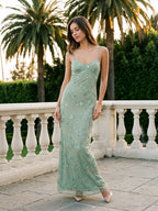 Mint Green Chiffon Column V-Neck Criss-Cross Straps Floor-Length Formal Dress with Beading - Curvevia