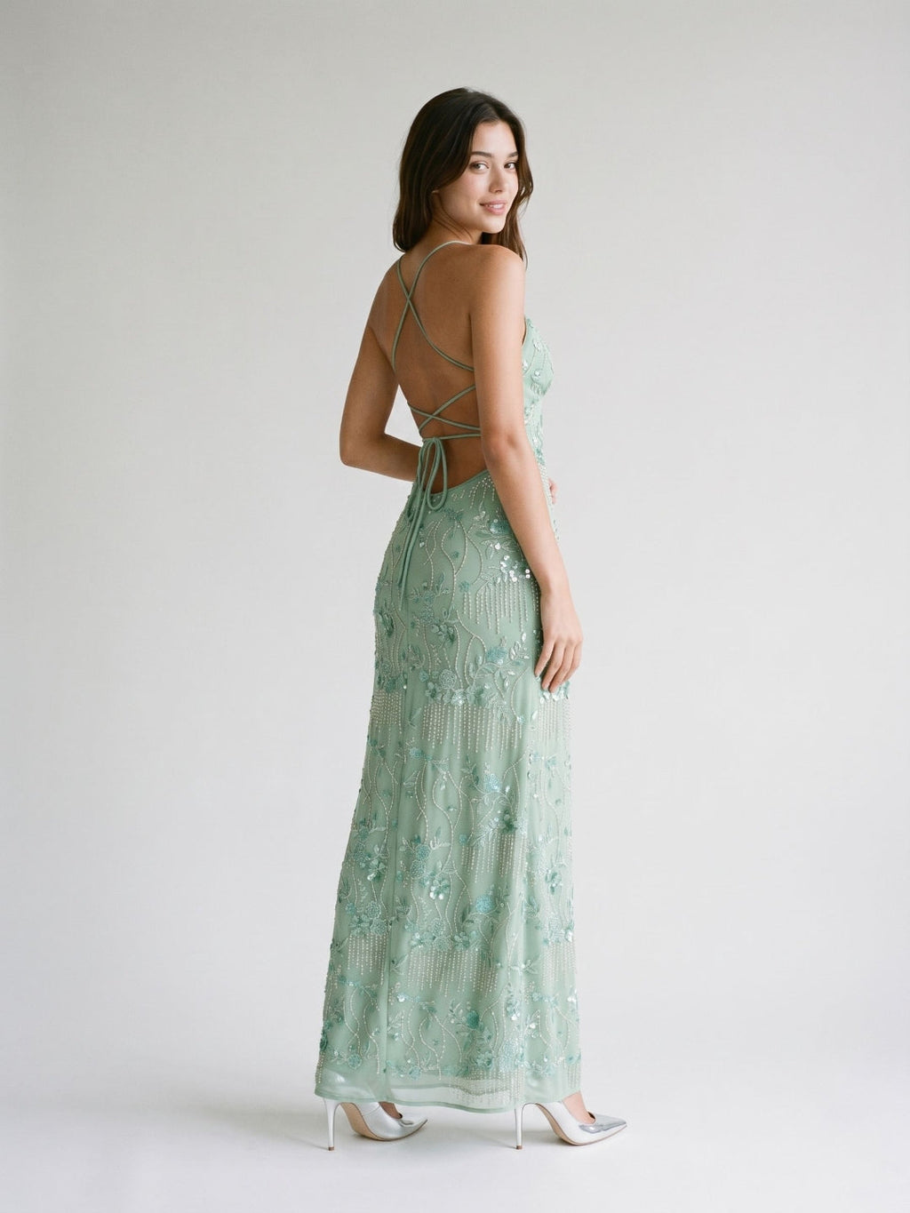 Mint Green Chiffon Column V-Neck Criss-Cross Straps Floor-Length Formal Dress with Beading - Curvevia