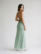 Mint Green Chiffon Column V-Neck Criss-Cross Straps Floor-Length Formal Dress with Beading - Curvevia