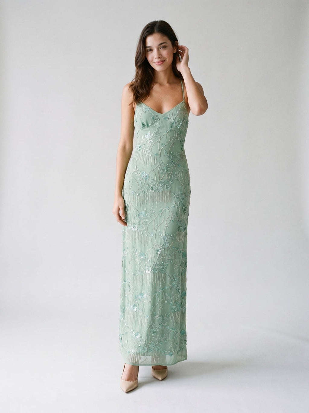 Mint Green Chiffon Column V-Neck Criss-Cross Straps Floor-Length Formal Dress with Beading - Curvevia