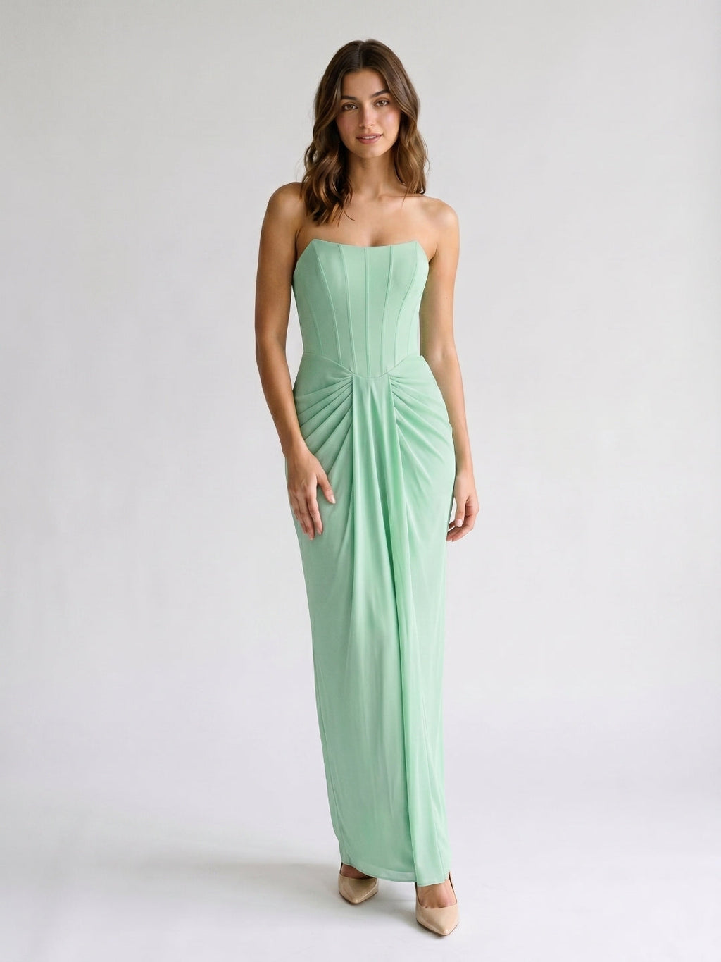 Mint Green Chiffon Sheath Straight Neck Backless Floor-Length Formal Dress with Pleating - Curvevia
