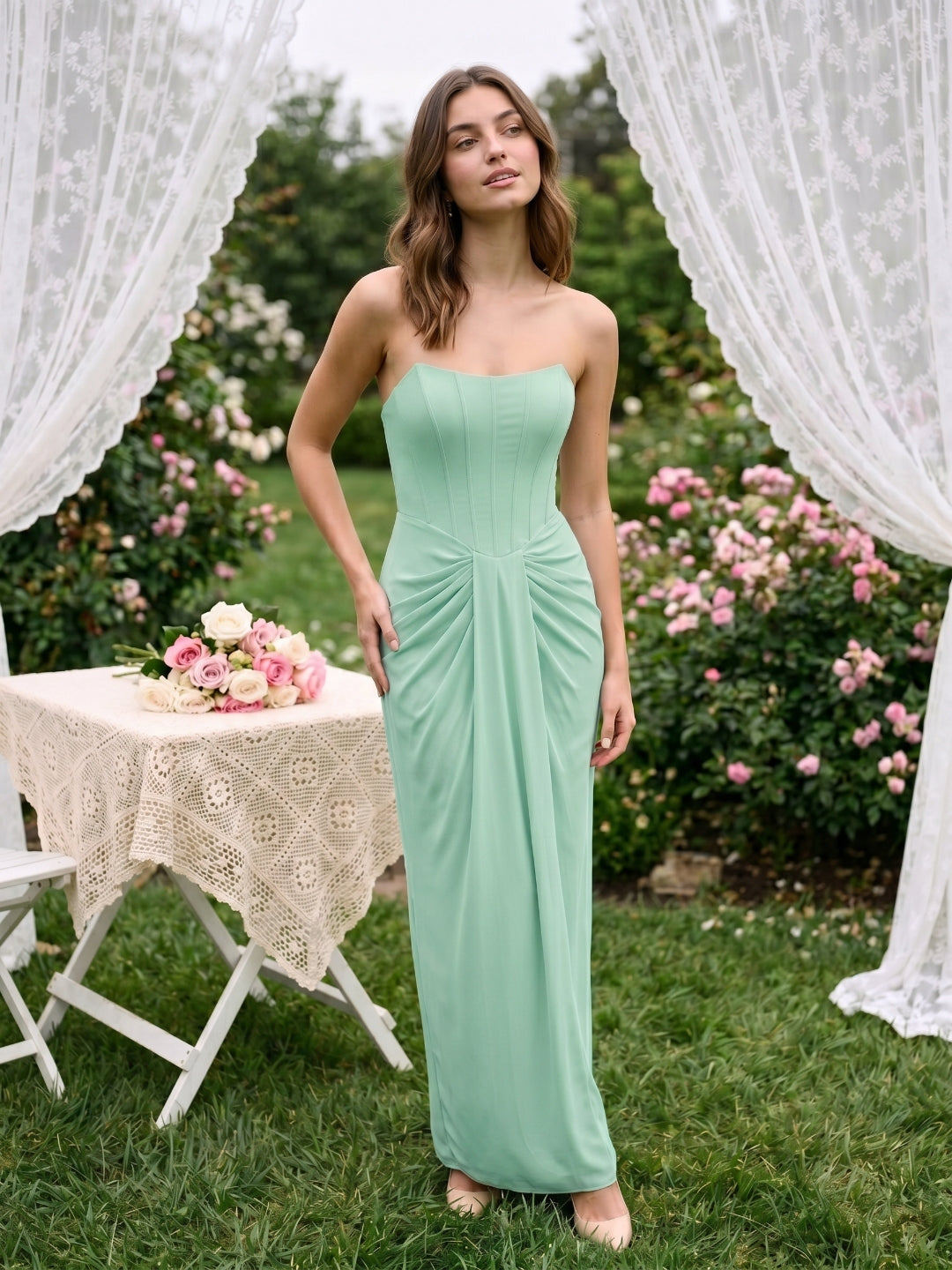 Mint Green Chiffon Sheath Straight Neck Backless Floor-Length Formal Dress with Pleating - Curvevia