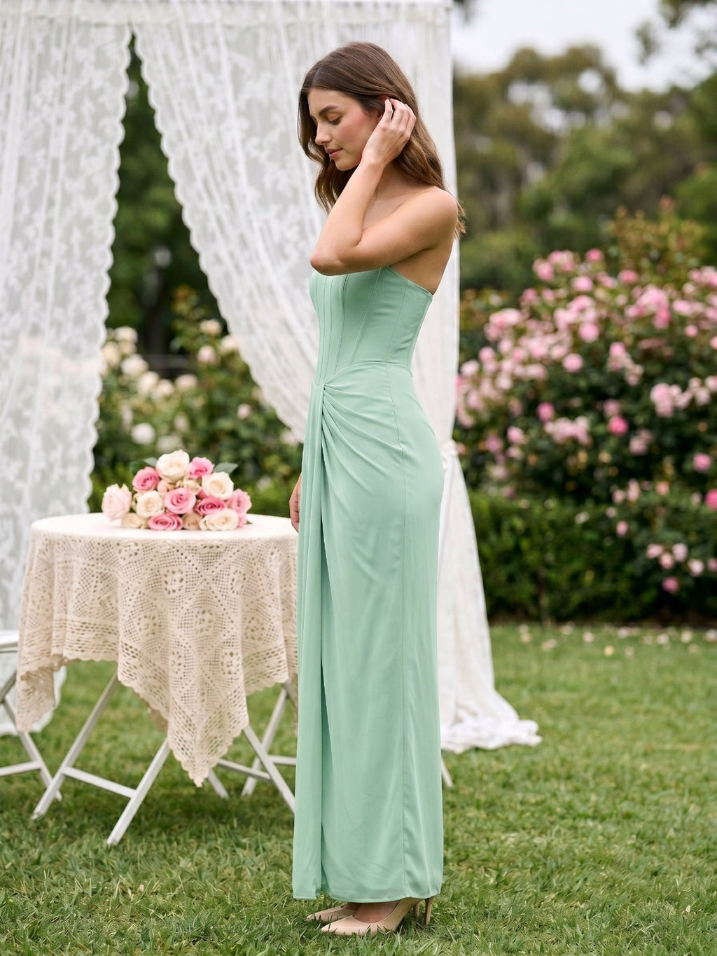Mint Green Chiffon Sheath Straight Neck Backless Floor-Length Formal Dress with Pleating - Curvevia
