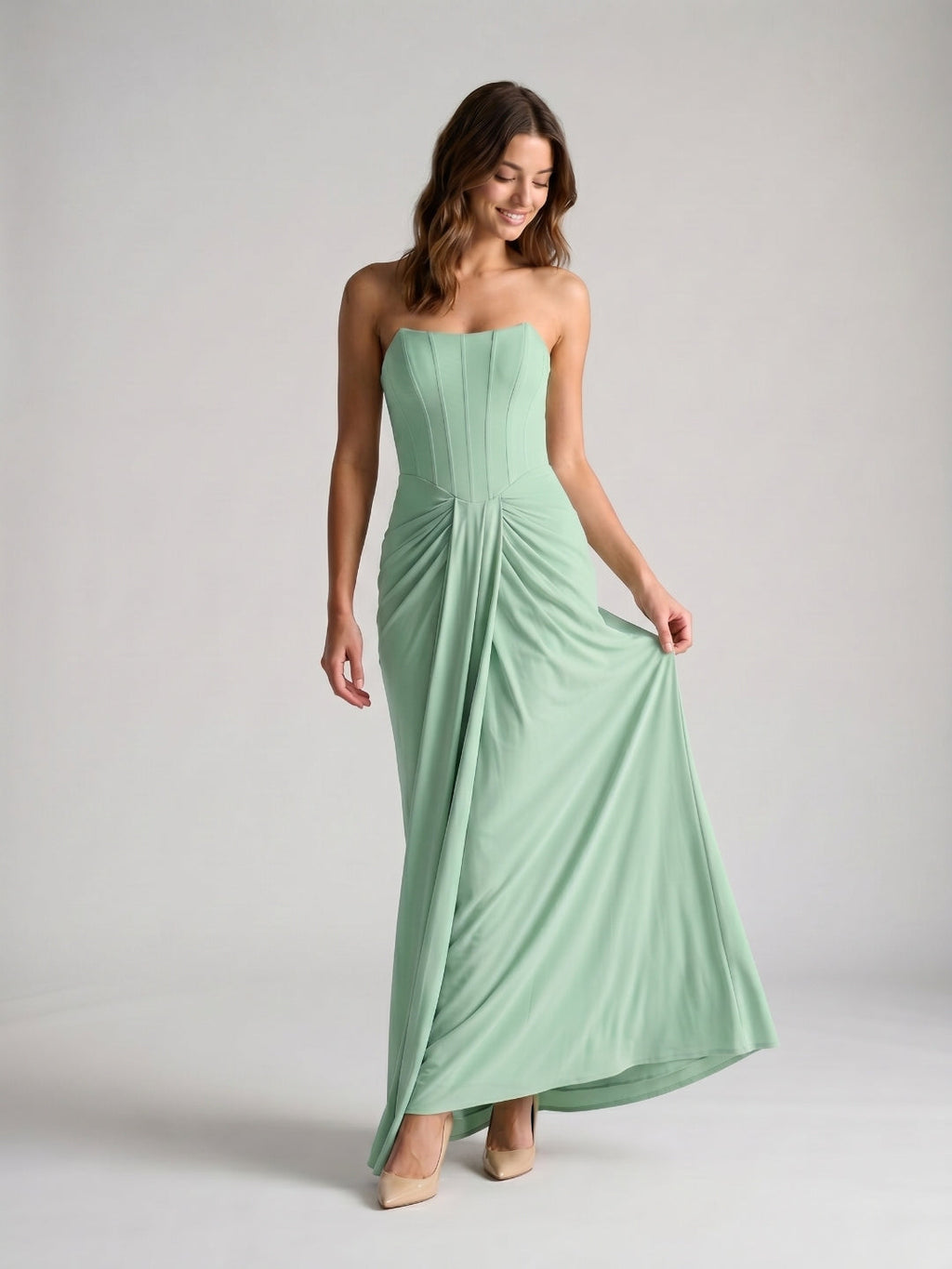 Mint Green Chiffon Sheath Straight Neck Backless Floor-Length Formal Dress with Pleating - Curvevia