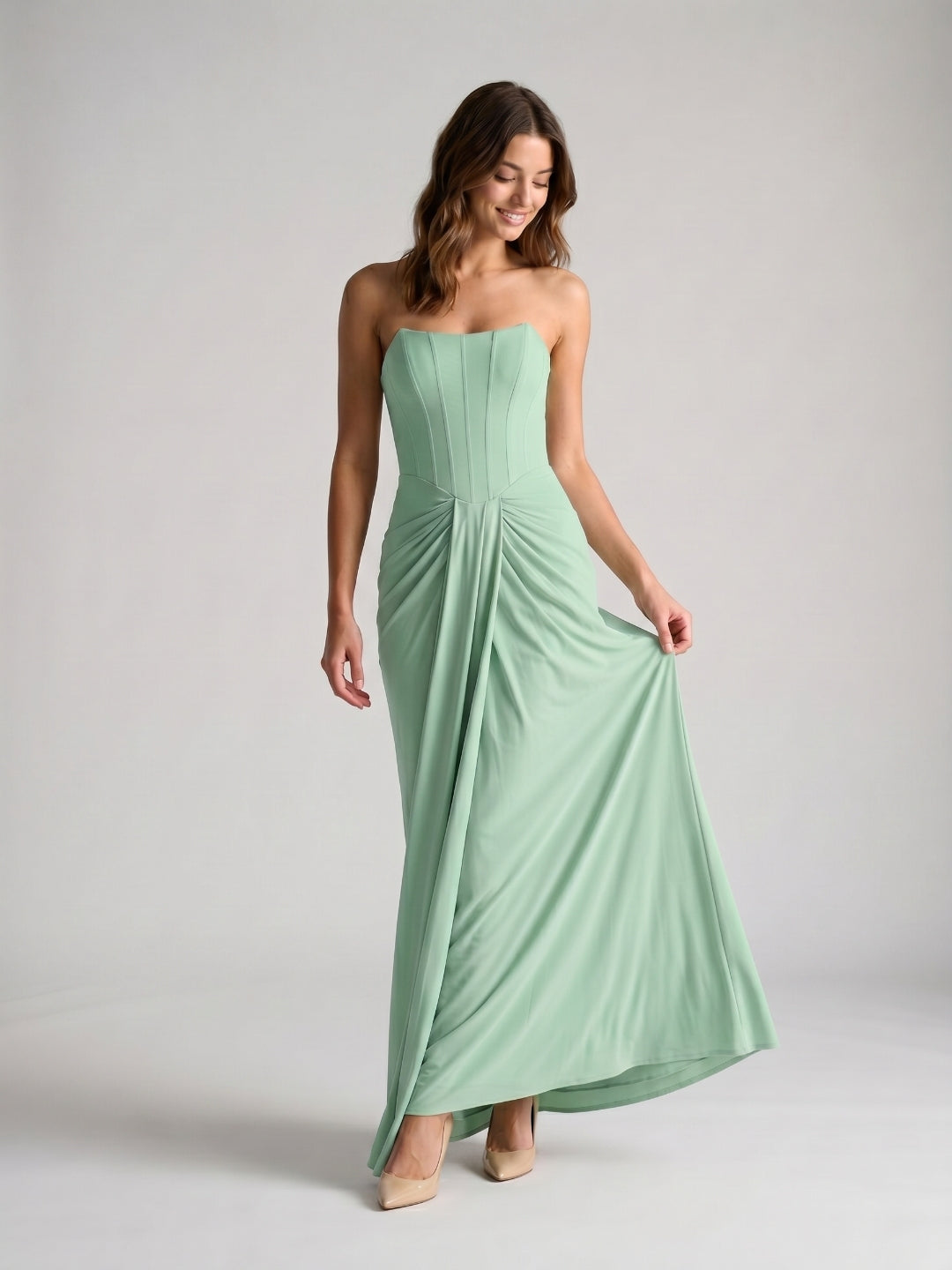 Mint Green Chiffon Sheath Straight Neck Backless Floor-Length Formal Dress with Pleating - Curvevia