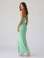 Mint Green Chiffon Sheath Straight Neck Backless Floor-Length Formal Dress with Pleating - Curvevia