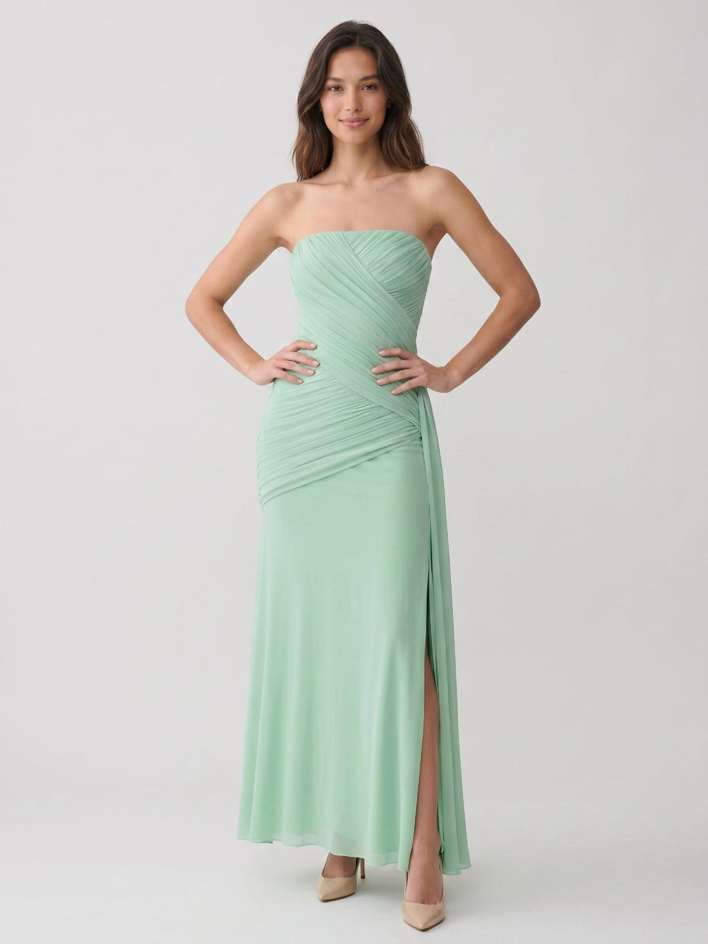 Mint Green Chiffon Sheath Straight Neck Corset Back Floor-Length Formal Dress with Pleating - Curvevia
