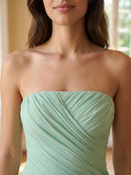 Mint Green Chiffon Sheath Straight Neck Corset Back Floor-Length Formal Dress with Pleating - Curvevia