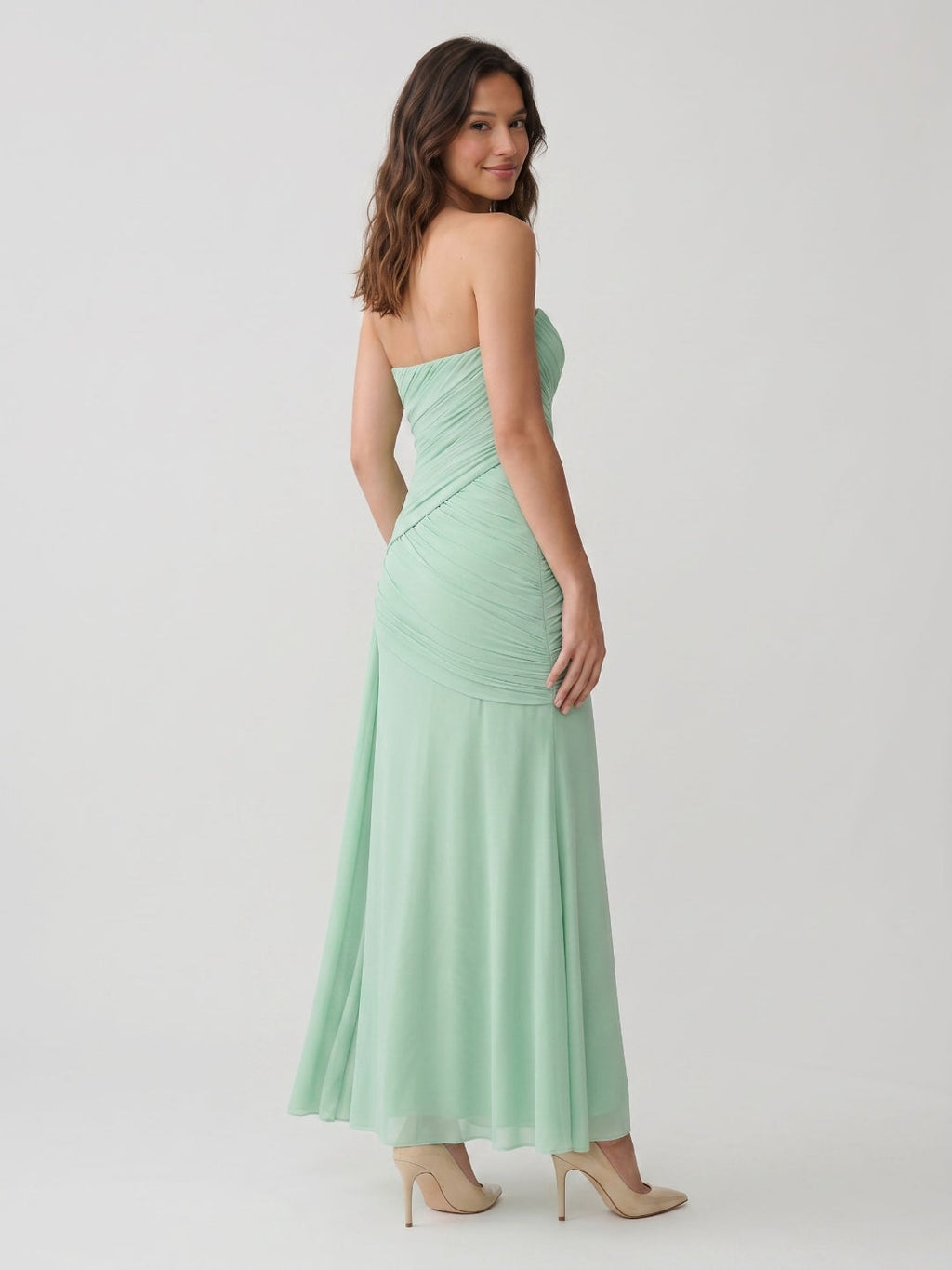 Mint Green Chiffon Sheath Straight Neck Corset Back Floor-Length Formal Dress with Pleating - Curvevia