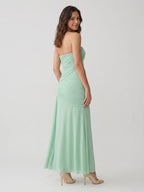 Mint Green Chiffon Sheath Straight Neck Corset Back Floor-Length Formal Dress with Pleating - Curvevia