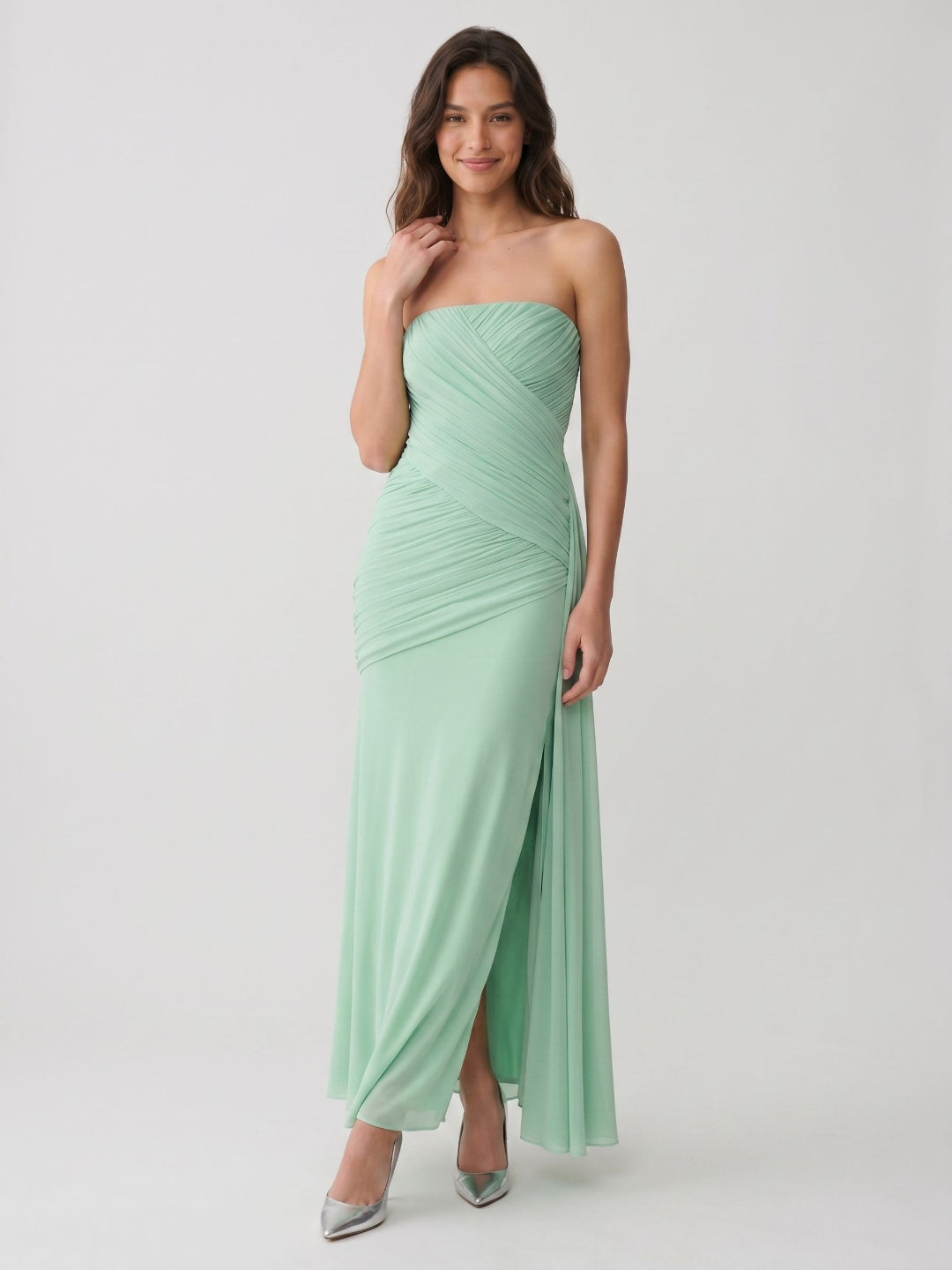 Mint Green Chiffon Sheath Straight Neck Corset Back Floor-Length Formal Dress with Pleating - Curvevia
