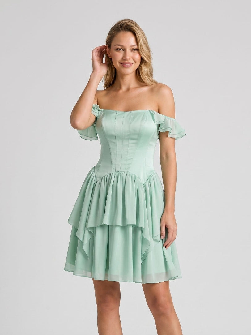 Mint Green Satin A-Line Off-the-Shoulder Lace-Up Back Short Birthday Dress with Cascading Ruffles - Curvevia