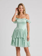 Mint Green Satin A-Line Off-the-Shoulder Lace-Up Back Short Birthday Dress with Cascading Ruffles - Curvevia