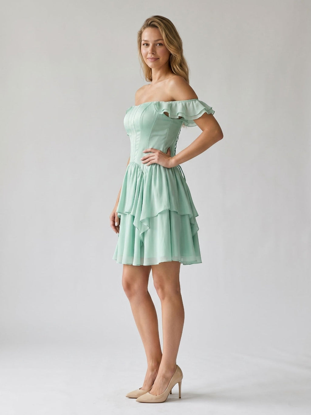 Mint Green Satin A-Line Off-the-Shoulder Lace-Up Back Short Birthday Dress with Cascading Ruffles - Curvevia