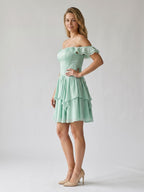 Mint Green Satin A-Line Off-the-Shoulder Lace-Up Back Short Birthday Dress with Cascading Ruffles - Curvevia