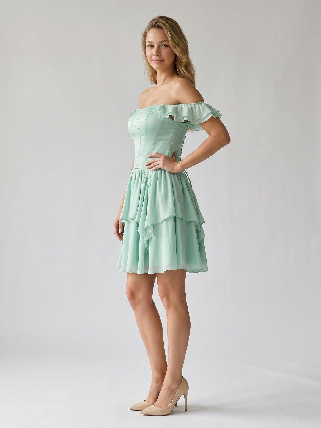Mint Green Satin A-Line Off-the-Shoulder Lace-Up Back Short Birthday Dress with Cascading Ruffles - Curvevia