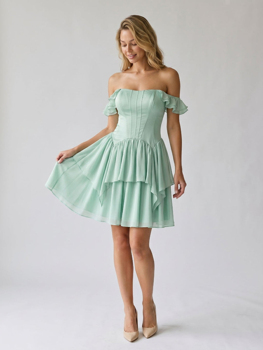Mint Green Satin A-Line Off-the-Shoulder Lace-Up Back Short Birthday Dress with Cascading Ruffles - Curvevia