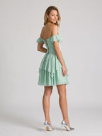 Mint Green Satin A-Line Off-the-Shoulder Lace-Up Back Short Birthday Dress with Cascading Ruffles - Curvevia