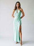 Mint Green Satin Sheath Halter Neckline Backless Floor-Length Evening Dress - Curvevia