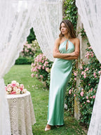 Mint Green Satin Sheath Halter Neckline Backless Floor-Length Evening Dress - Curvevia