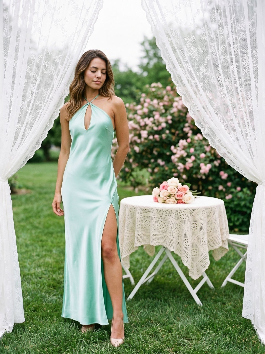 Mint Green Satin Sheath Halter Neckline Backless Floor-Length Evening Dress - Curvevia