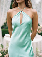 Mint Green Satin Sheath Halter Neckline Backless Floor-Length Evening Dress - Curvevia