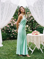 Mint Green Satin Sheath Halter Neckline Backless Floor-Length Evening Dress - Curvevia