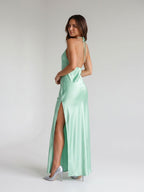 Mint Green Satin Sheath Halter Neckline Backless Floor-Length Evening Dress - Curvevia