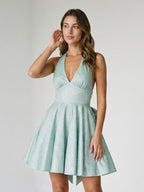 Mint Green Sequin A-Line Halter Neckline Back Zip Short Dress with Bow - Curvevia