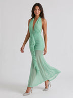 Mint Green Stretch Knit Sheath Halter Backless Ankle-Length Evening Dress - Curvevia