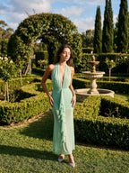 Mint Green Stretch Knit Sheath Halter Backless Ankle-Length Evening Dress - Curvevia