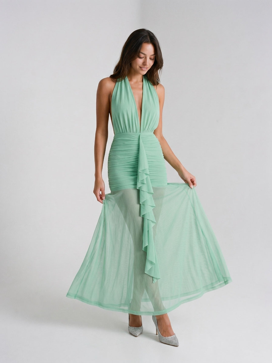 Mint Green Stretch Knit Sheath Halter Backless Ankle-Length Evening Dress - Curvevia