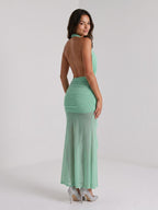 Mint Green Stretch Knit Sheath Halter Backless Ankle-Length Evening Dress - Curvevia