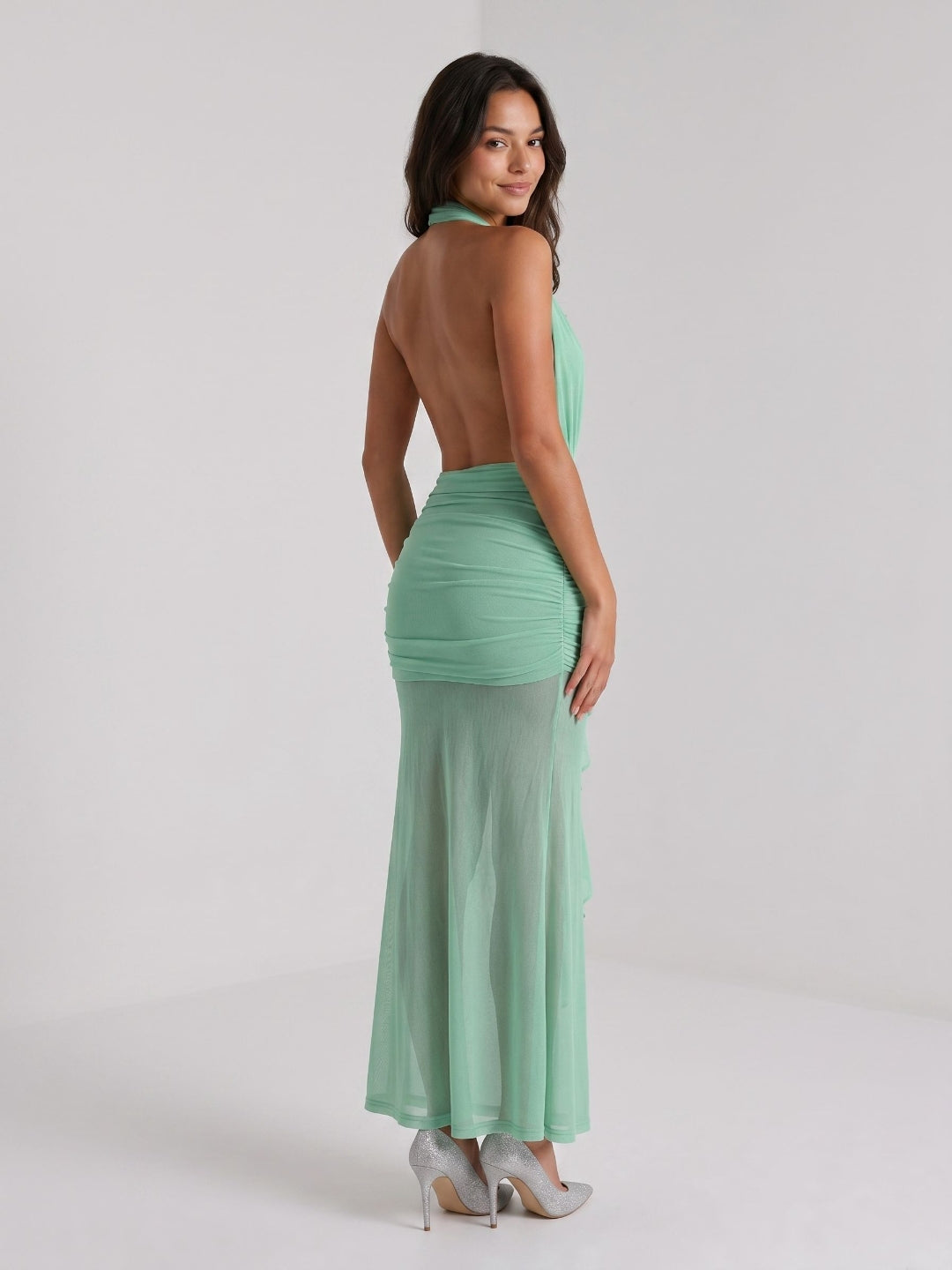 Mint Green Stretch Knit Sheath Halter Backless Ankle-Length Evening Dress - Curvevia