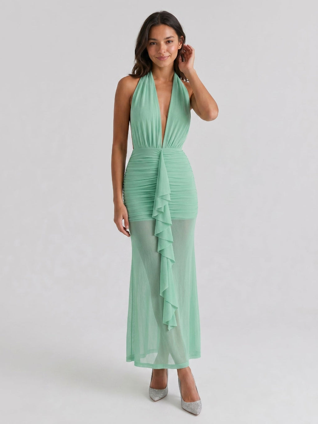 Mint Green Stretch Knit Sheath Halter Backless Ankle-Length Evening Dress - Curvevia