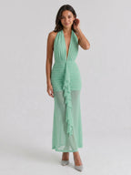 Mint Green Stretch Knit Sheath Halter Backless Ankle-Length Evening Dress - Curvevia