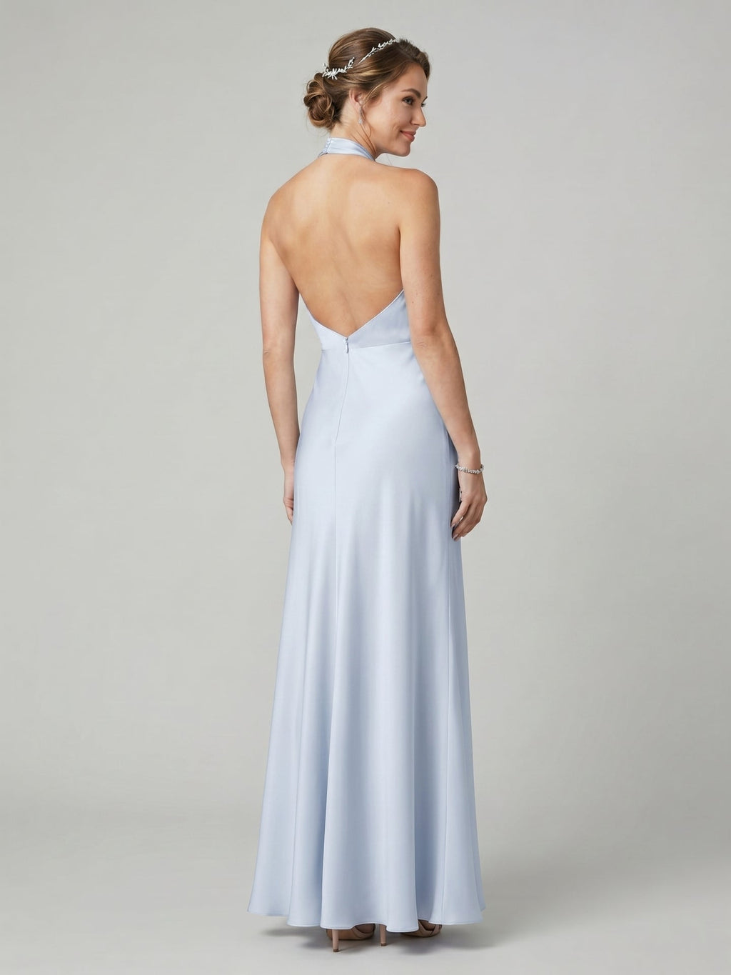 Elegant Mist Satin column Halter neckline Ankle-Length Bridesmaid Dress with Minimalist Design - Curvevia