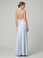 Elegant Mist Satin column Halter neckline Ankle-Length Bridesmaid Dress with Minimalist Design - Curvevia