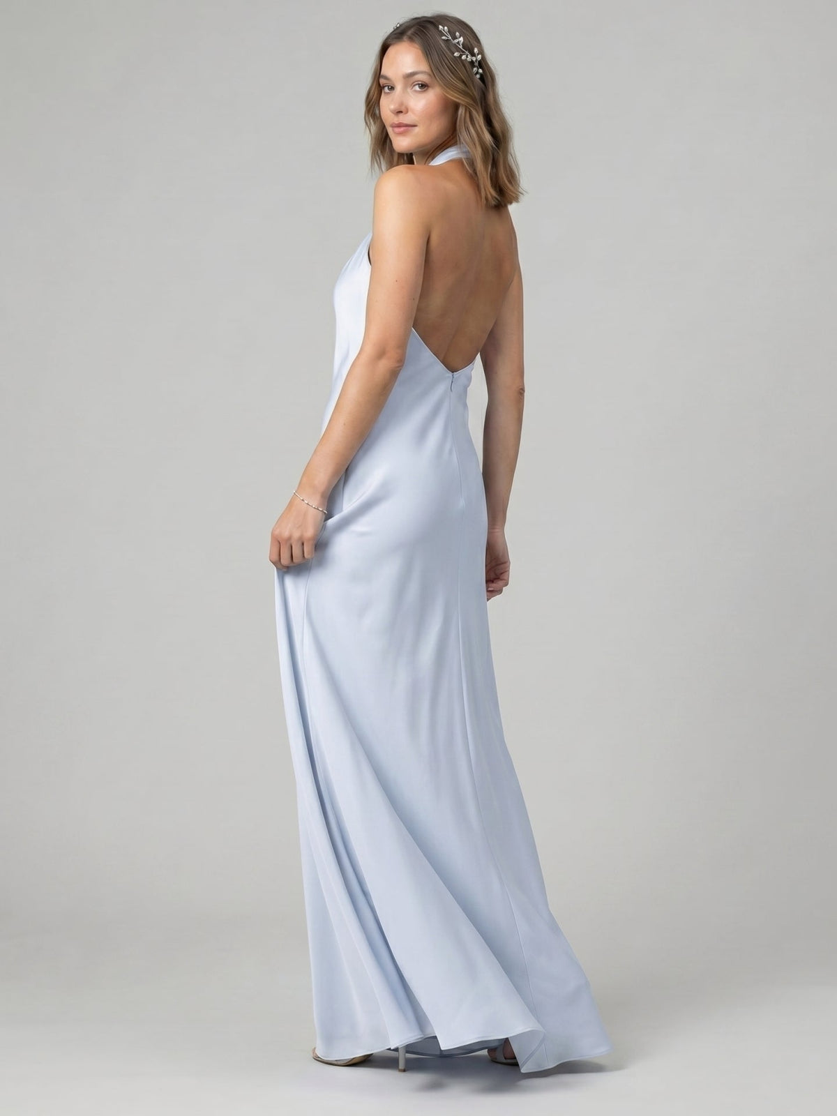 Elegant Mist Satin column Halter neckline Ankle-Length Bridesmaid Dress with Minimalist Design - Curvevia